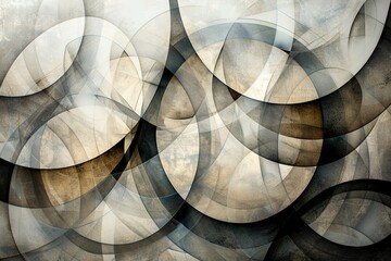 Overlapping circles of different sizes and neutral tones, creating a layered effect with depth and dimension