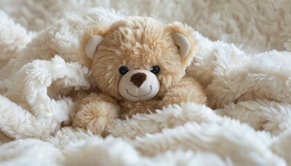 A Soft Teddy Bear Nestled Comfortably in a Cozy White Blanket