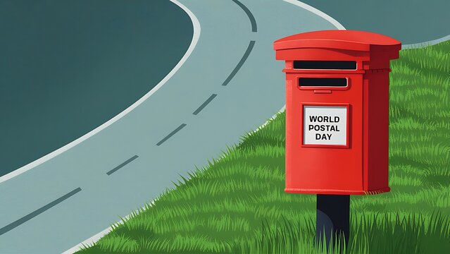 World Postal Day, with a classic red postbox on a lush green roadside, Postal Day,  Poster, Banner,