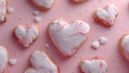 Heart-Shaped Cookies Decorated With Icing and Sprinkles on Pink Surface