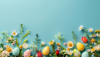 Colorful Easter Eggs Surrounded by Fresh Spring Flowers on Light Blue Background
