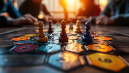 Family game night, vibrant colors, cozy setting, joyful scenes, inviting