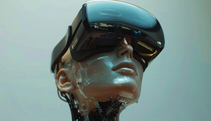 Futuristic Humanoid Robot With Virtual Reality Headset Displayed in Tech Exhibition Setting