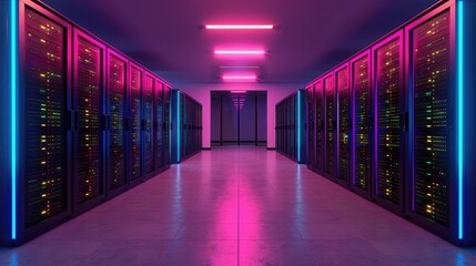Racks with servers, optimized cooling solutions, neon-lit technology, advanced LAN setup