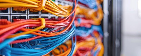 Tangled network wiring, intricate connectors, chaotic LAN setup, high-tech environment