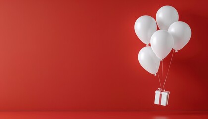 White Balloons Elevating A Gift Box Against A Bright Red Background