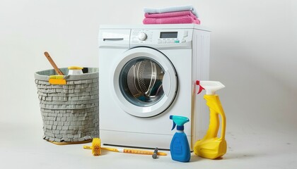 Washing Machine With Cleaning Supplies and Laundry Basket in a Bright Indoor Space