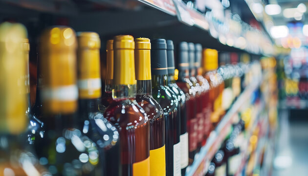  wine bottles on liquor alcohol shelves in supermarket store
