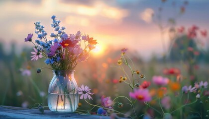 Colorful Wildflowers in a Glass Vase at Sunset in an Open Field