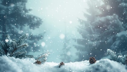 Snowy Landscape With Pine Cones and Snow Falling in a Winter Forest