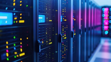 Naklejka premium High-tech LAN racks, efficient cooling systems, neon blue glow, futuristic server management