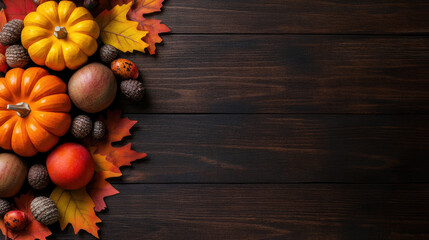 A vibrant autumn display featuring small pumpkins, acorns, and fall leaves on a rustic wooden background, perfect for seasonal decor and harvest celebrations.