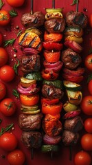 Fototapeta premium Grilled Skewers with Colorful Vegetables and Meat