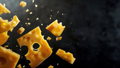 Delicious Yellow Cheese Fragments Floating Against Dark Background in Culinary Setting