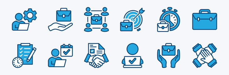 Obraz premium Set of occupation, employment, job, and work thin line icon vector. Containing team, teamwork, agreement contract, management, time, target, goal, organisation, schedule, checklist, bag, and success