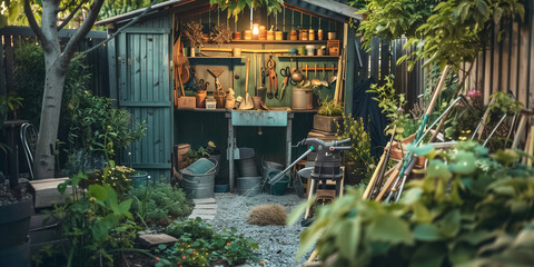 Fototapeta premium A tranquil garden shed nestled amidst vibrant plants, various gardening tools, and the remarkable beauty of nature, cultivating a peaceful gardening ambiance