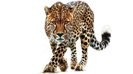 Naklejka premium A striking cheetah stands alone against a pure white backdrop, showcasing intricate details in photorealistic design.