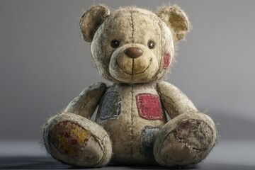 Obraz premium Nostalgic Comfort: Realistic 3D Vintage Teddy Bear Illustration with Patched Fur Evoking Childhood Memories