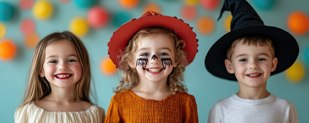 Celebrate Halloween with a vibrant banner featuring smiling children in costumes against a colorful bokeh backdrop, perfect for festive invitations or decor.