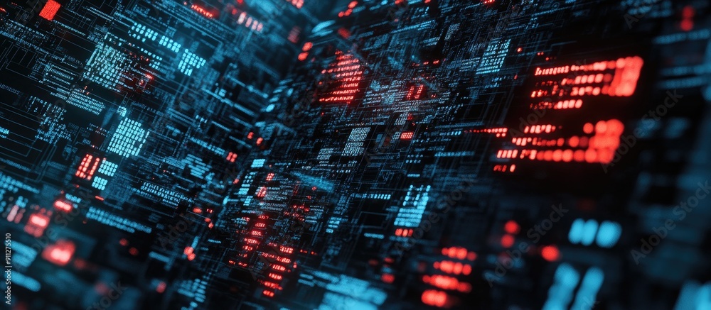 Aufkleber abstract 3d rendering of digital technology with binary code and cybersecurity elements