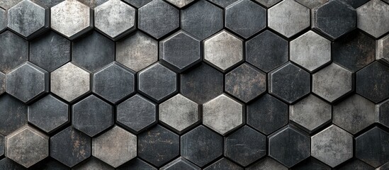 Abstract geometric tile pattern featuring cubes and hexagons creating a mosaic wall or grid backdrop Black and gray cube structure with triangular texture in a vintage design