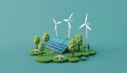 Renewable Energy Concept Featuring Solar Panels and Wind Turbines on a Green Landscape