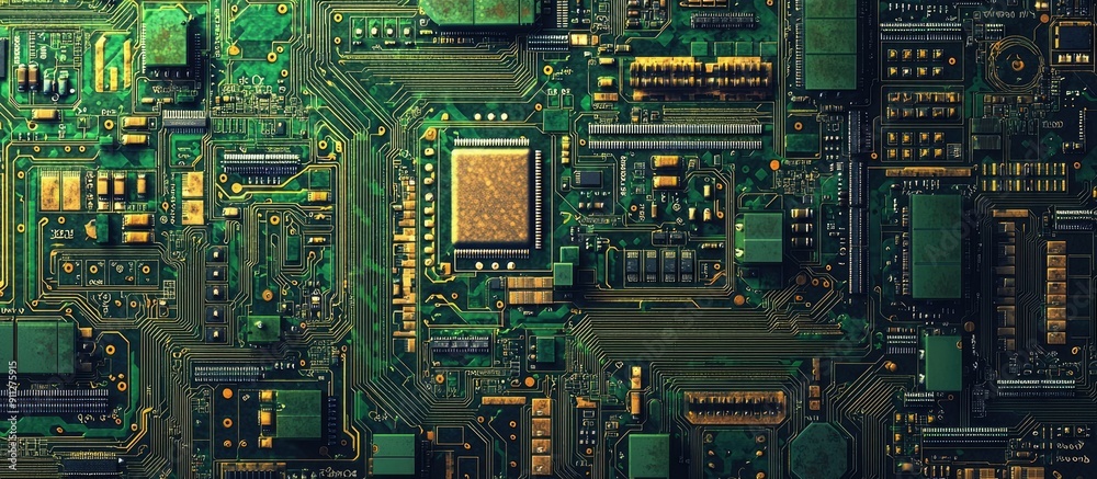 Poster abstract technology background featuring a circuit board and central computer processors cpu concept