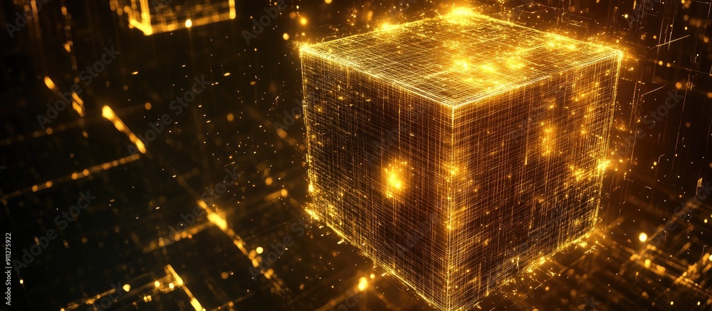 Aufkleber Abstract technology background featuring a golden digital box shape illuminated with light representing science and technology concepts 3D rendering