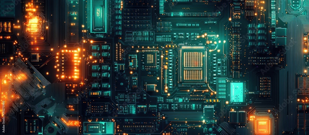 Poster abstract technology background featuring a circuit board and central computer processors cpu concept