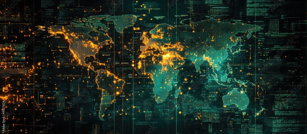 Aufkleber artificial intelligence letters and texts on a world map created with neural network algorithm