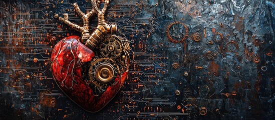 Biomechanical heart featuring mechanical gears and electronic circuits Art collage symbolizing human health longevity science innovation and surreal technology