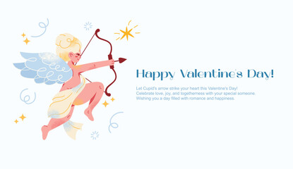 Character amur cupid happy valentines day poster. Cartoon angel with a bow, arrow, wing and heart. Set of cute flying characters wedding. vector illustration isolated on background