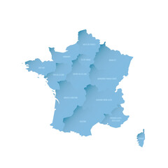 France political map of administrative divisions - regions. Shaded vector map with 3D-like blue gradient and name labels