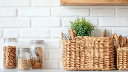 A stylish kitchen counter with glass jars filled with grains, wooden utensils in a holder, and fresh herbs nearby enhances the bright, inviting atmosphere