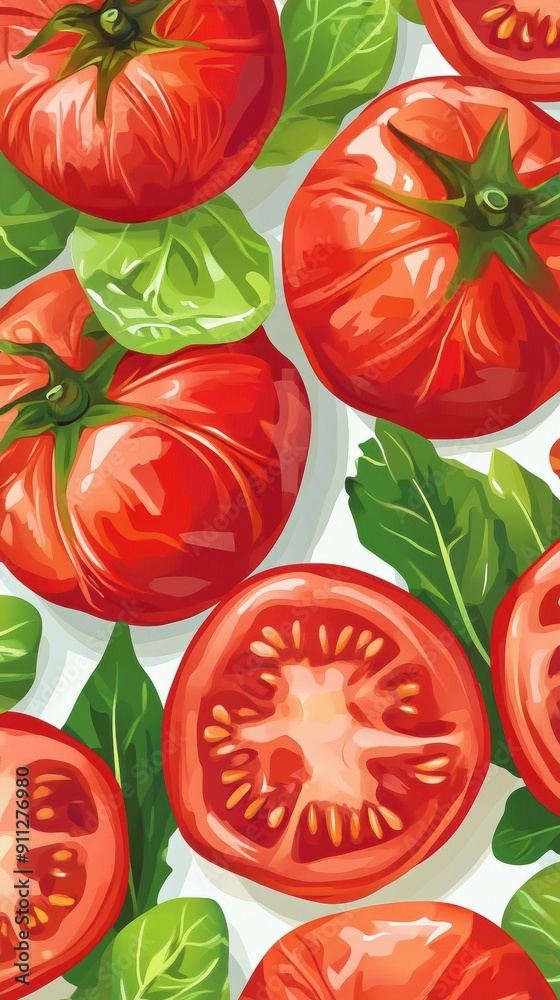 Sticker Vibrant Tomatoes and Fresh Basil Illustration