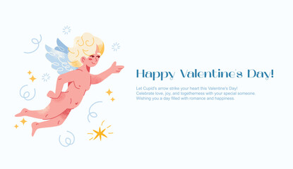 Character amur cupid happy valentines day poster. Cartoon angel with a bow, arrow, wing and heart. Set of cute flying characters wedding. vector illustration isolated on background