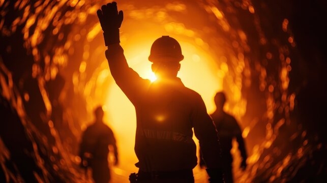 A team of miners, loading ore onto a conveyor belt in an underground tunnel
