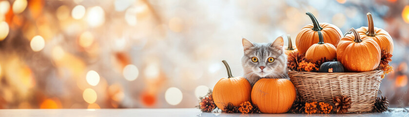 A charming scene featuring four pumpkins nestled in a wicker basket alongside a playful cat, perfect for autumn-themed decor and seasonal imagery.