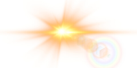 Yellow bright star and shimmering glare, transparent sunlight special lens flare light effect. Solar flare. Sun flash. Png.