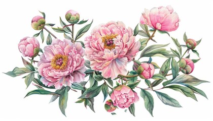 Beautifully Painted Peonies With Soft Pink Petals and Green Leaves in a Natural Arrangement