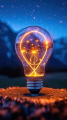A glowing light bulb rests on a natural surface, illuminated by vibrant filaments, surrounded by a starry night sky.