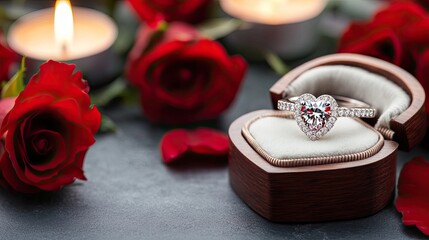 A stunning heart-shaped engagement ring rests in a wooden box, surrounded by red roses and glowing candlelight, creating a romantic atmosphere