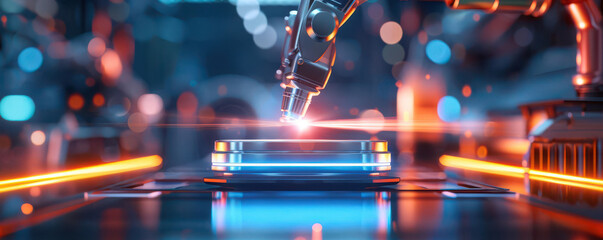 Futuristic factory with robotic arms and automated machinery, efficient and advanced, vibrant technology, dynamic production.