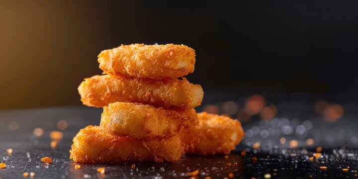 Delicious golden crispy fried fish fingers served on a clean white background, showcasing texture, crunchiness, and appetizing detail for modern food design. AI generated illustration.