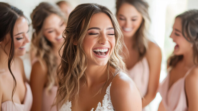 Bride surrounded by her bridesmaids, all in matching dresses, laughing and getting ready for the wedding - Powered by Adobe