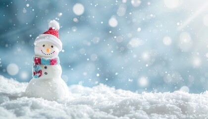 Charming Snowman Dressed In Red Hat And Scarf Amidst Falling Snowflakes During Winter Season