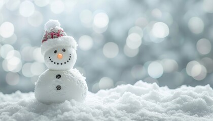 Cute Snowman Decorated With Red Hat and Orange Nose Surrounded by Soft Snow