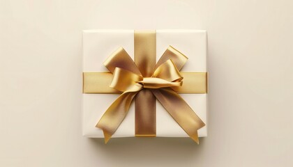 Elegant White Gift Box Wrapped With a Golden Bow on Neutral Background