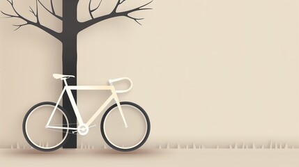 A plain bicycle leaning on a tree, simple and clean lines, 2D vector, muted color palette, basic composition