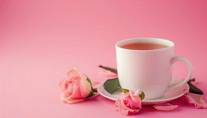 Delicate White Cup of Tea Surrounded by Pink Roses on Soft Pink Background